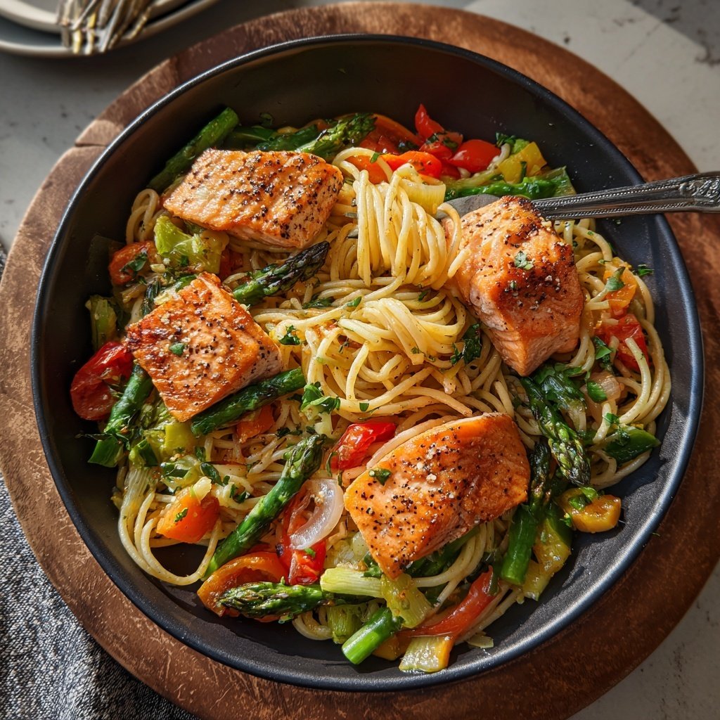 Mediterranean Salmon Pasta Primavera